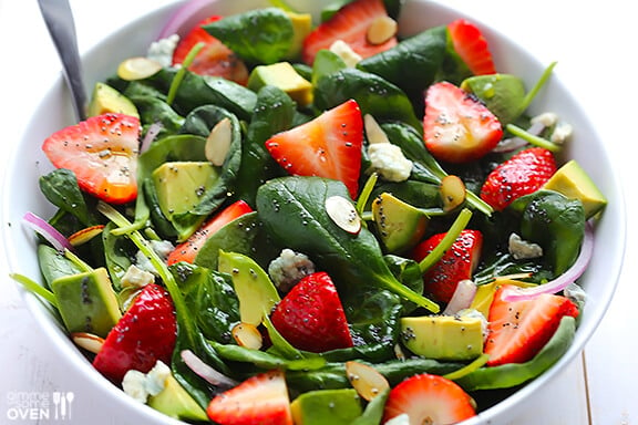 Avocado Strawberry Spinach Salad with Poppyseed Dressing | gimmesomeoven.com 15 Summer Salads #recipe #salad #summerrecipes