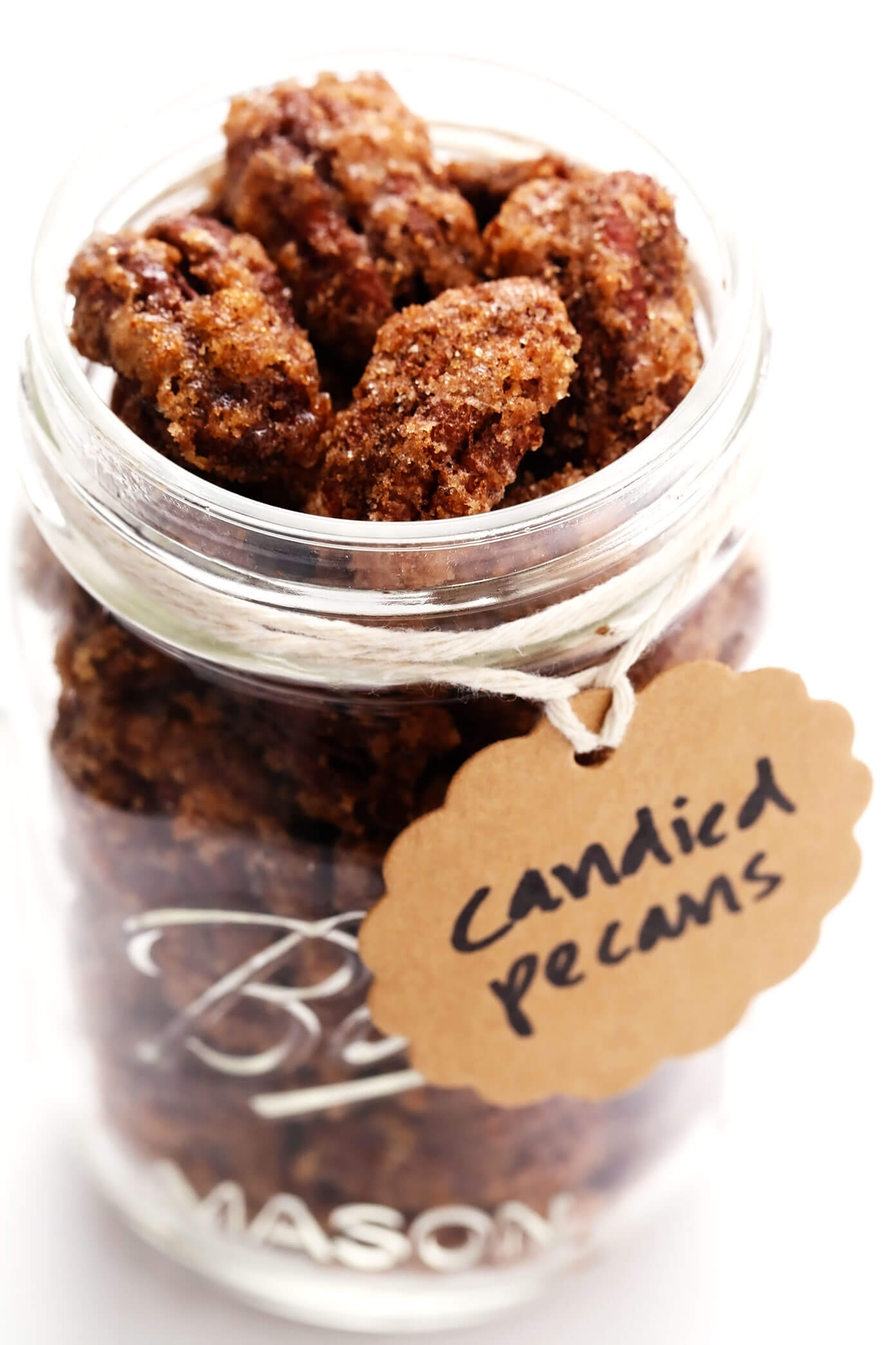 Candied Pecans in Mason Jar for Gifting with Kraft Label