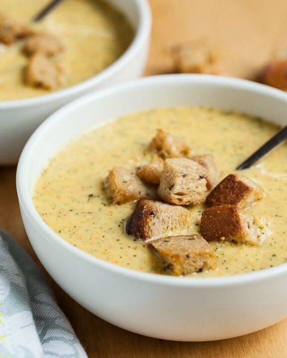 Broccoli Cheddar Soup with Whole Grain Mustard Croutons | gatheranddine.com