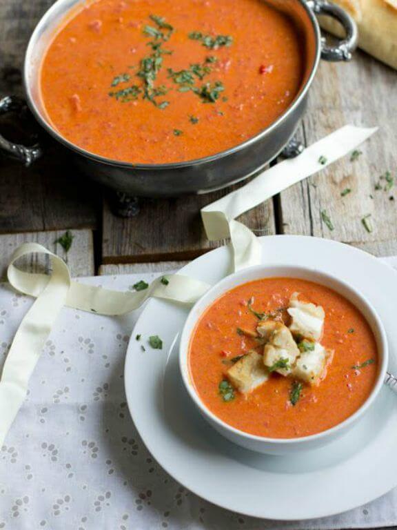 Roasted Tomato Basil Soup with Mini Grilled Cheese "Croutons" | ohsweetbasil.com