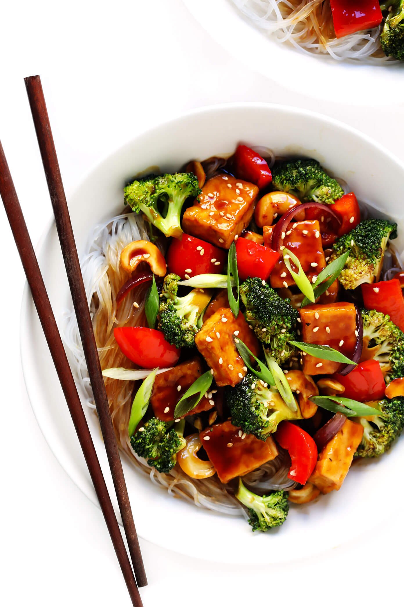 Cashew Tofu with Broccoli, Bell Peppers, Onions and Rice Noodles