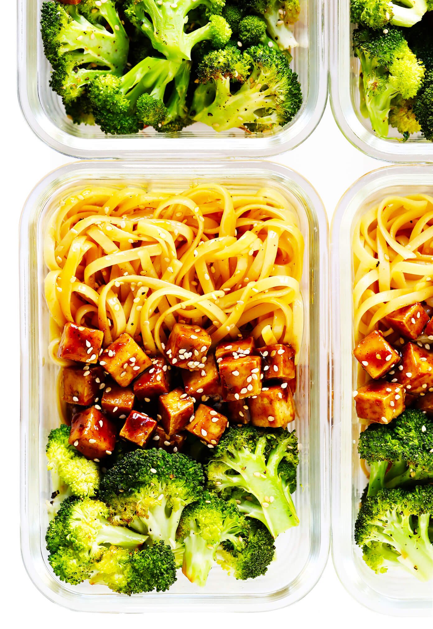 Five Spice Tofu Sesame Noodle Bowls with Roasted Broccoli in Meal Prep Containers
