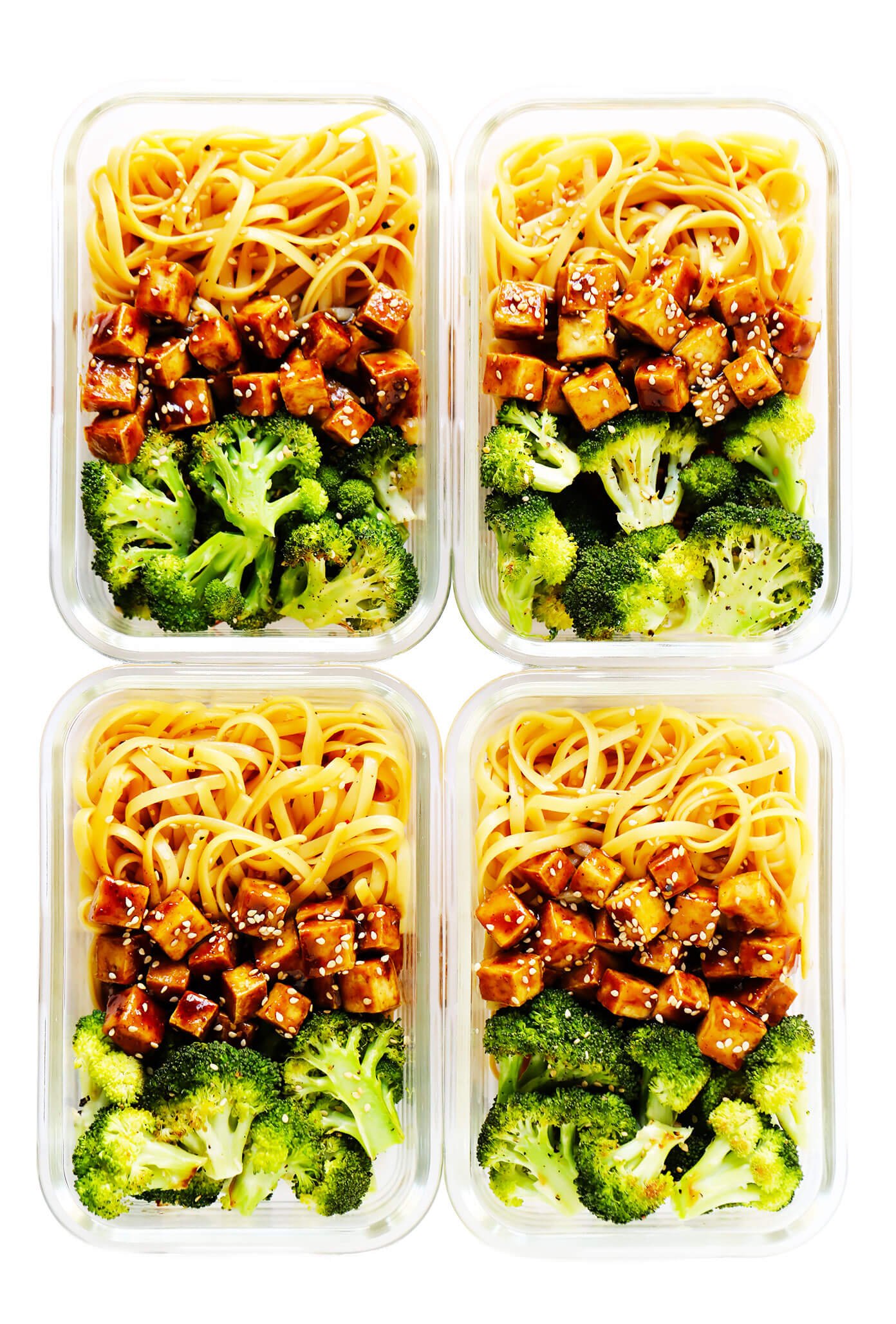 Crispy Tofu Sesame Noodle Bowls in Meal Prep Containers
