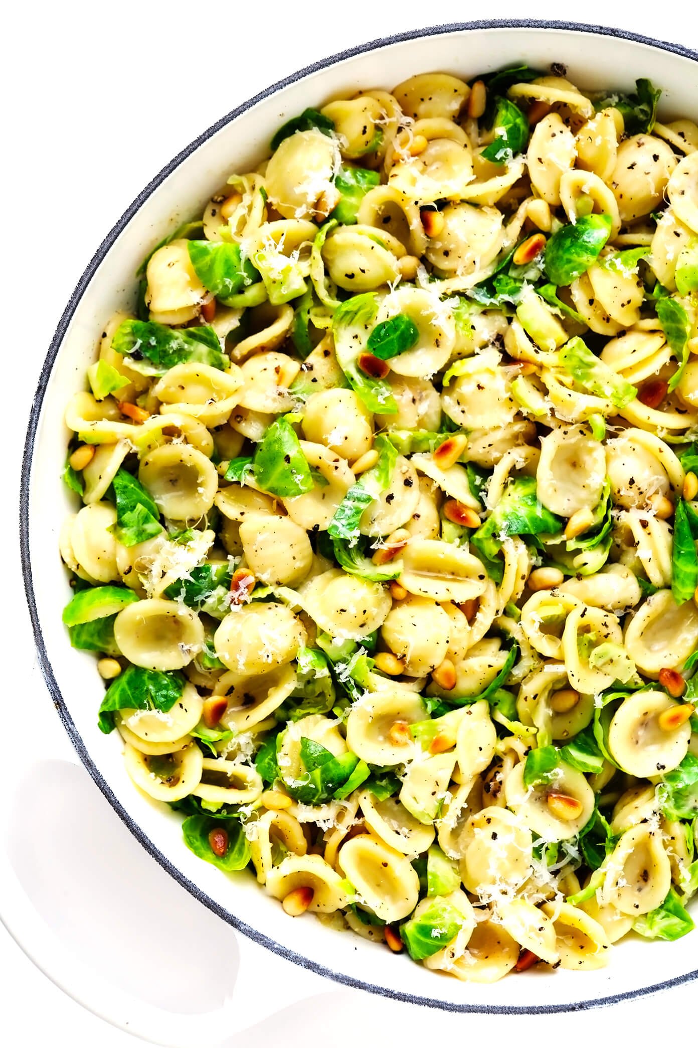 Brussels Sprouts Parmesan Pasta with Pine Nuts in Sauté Pan