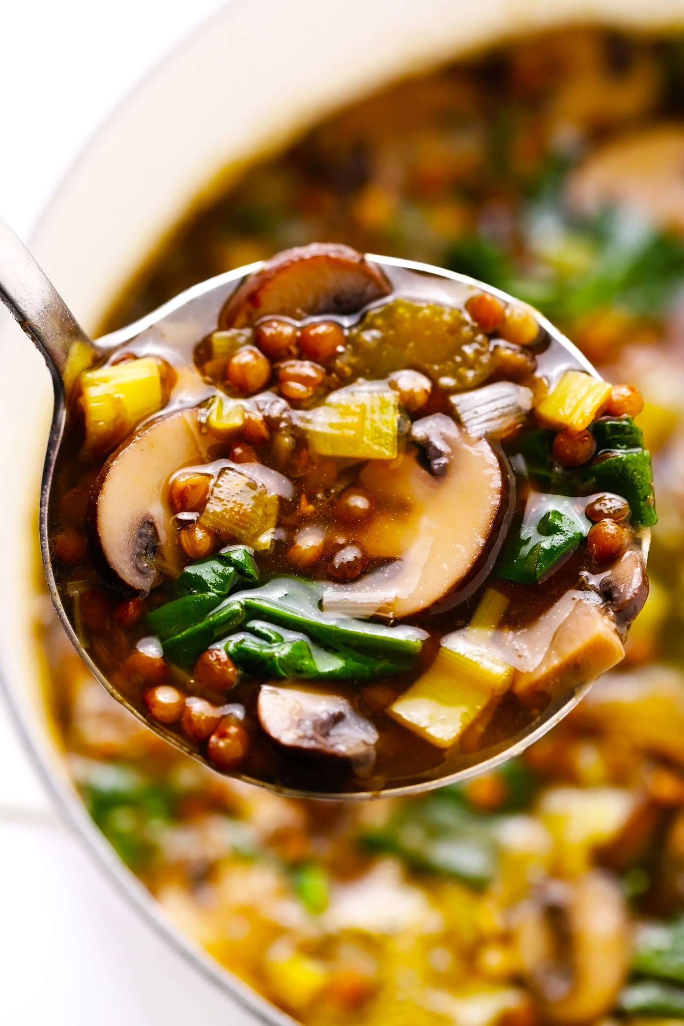 French Lentil Soup with Mushrooms and Spinach in Ladle