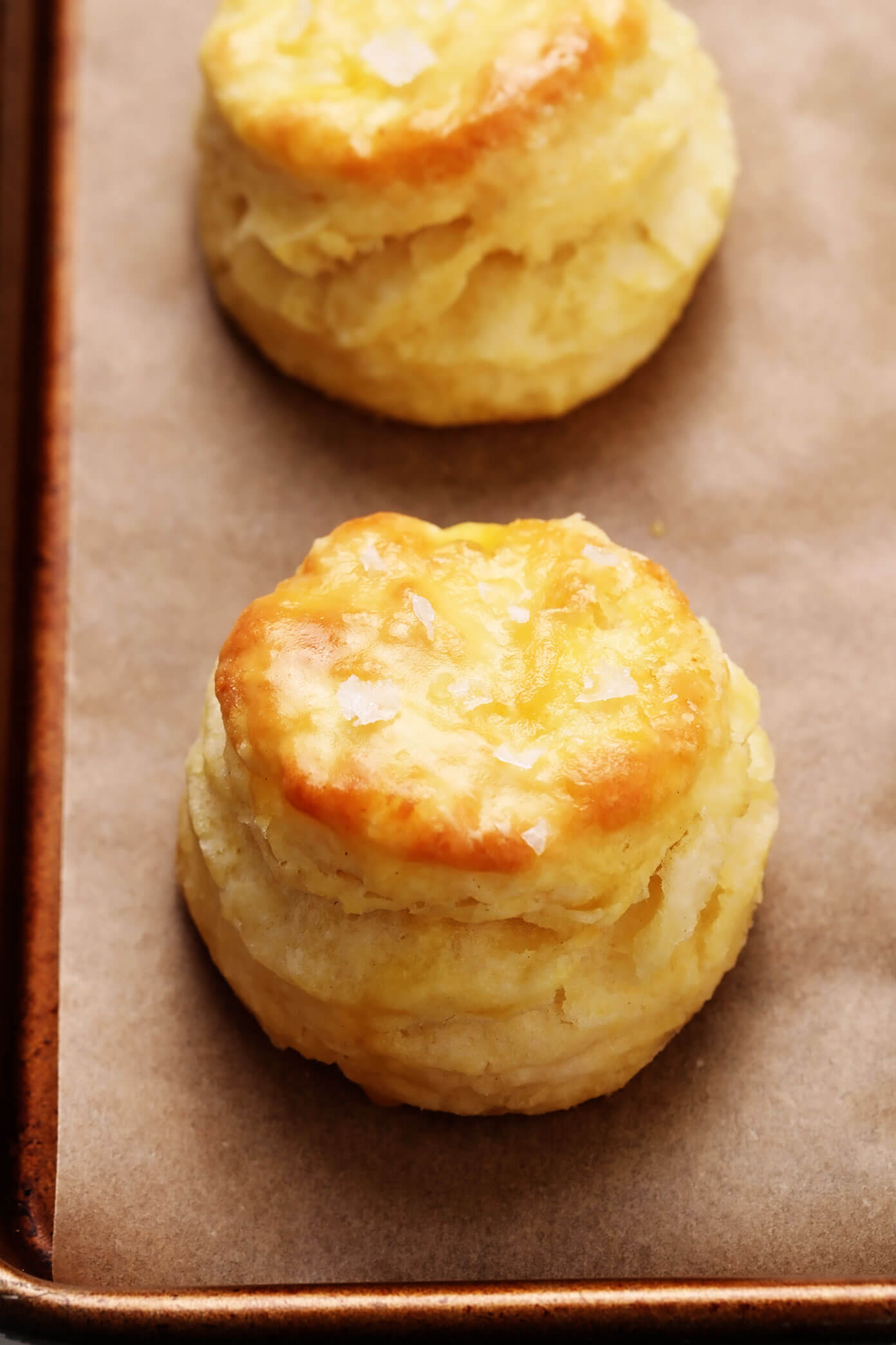 Buttermilk Biscuits sprinkled with flaky sea salt closeup