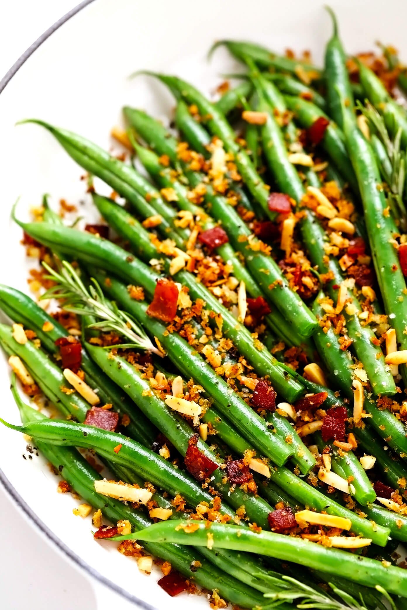 Green Beans with Rosemary Bacon Breadcrumbs in Saute Pan