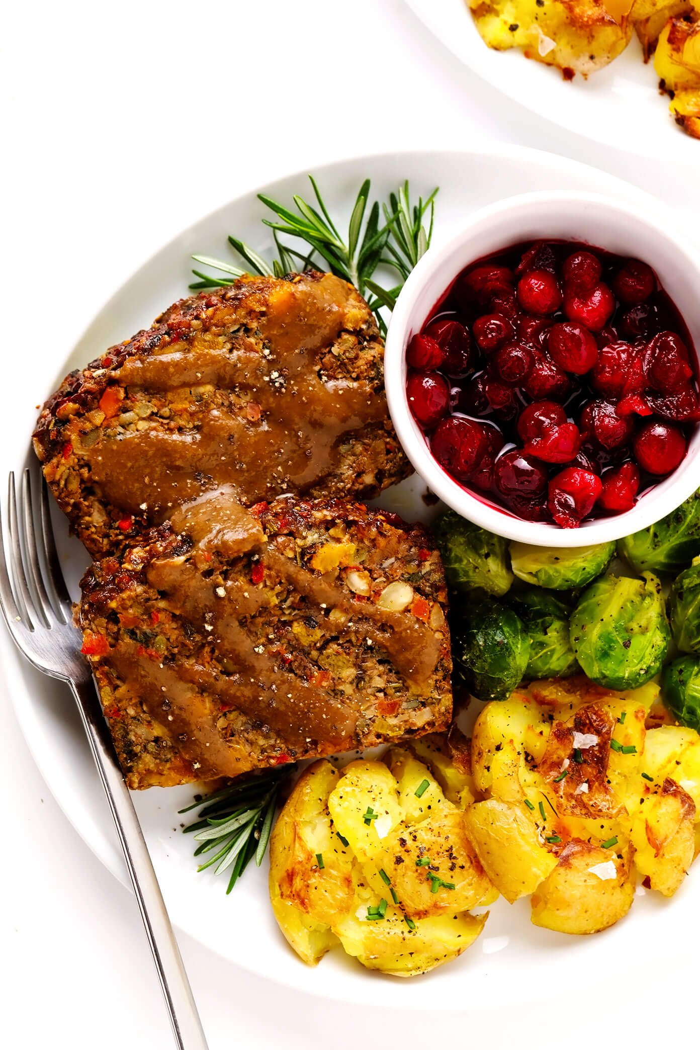 Nut Roast with Gravy, Smashed Potatoes, Roasted Brussels Sprouts and Cranberry Sauce