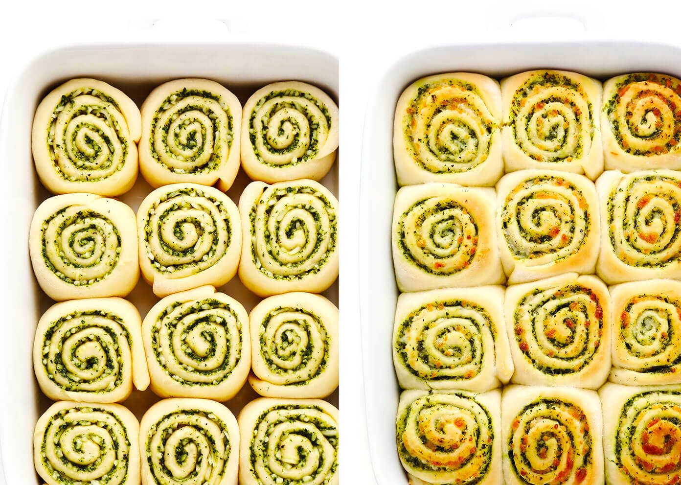 Before and After Baking of Cheesy Pesto Rolls