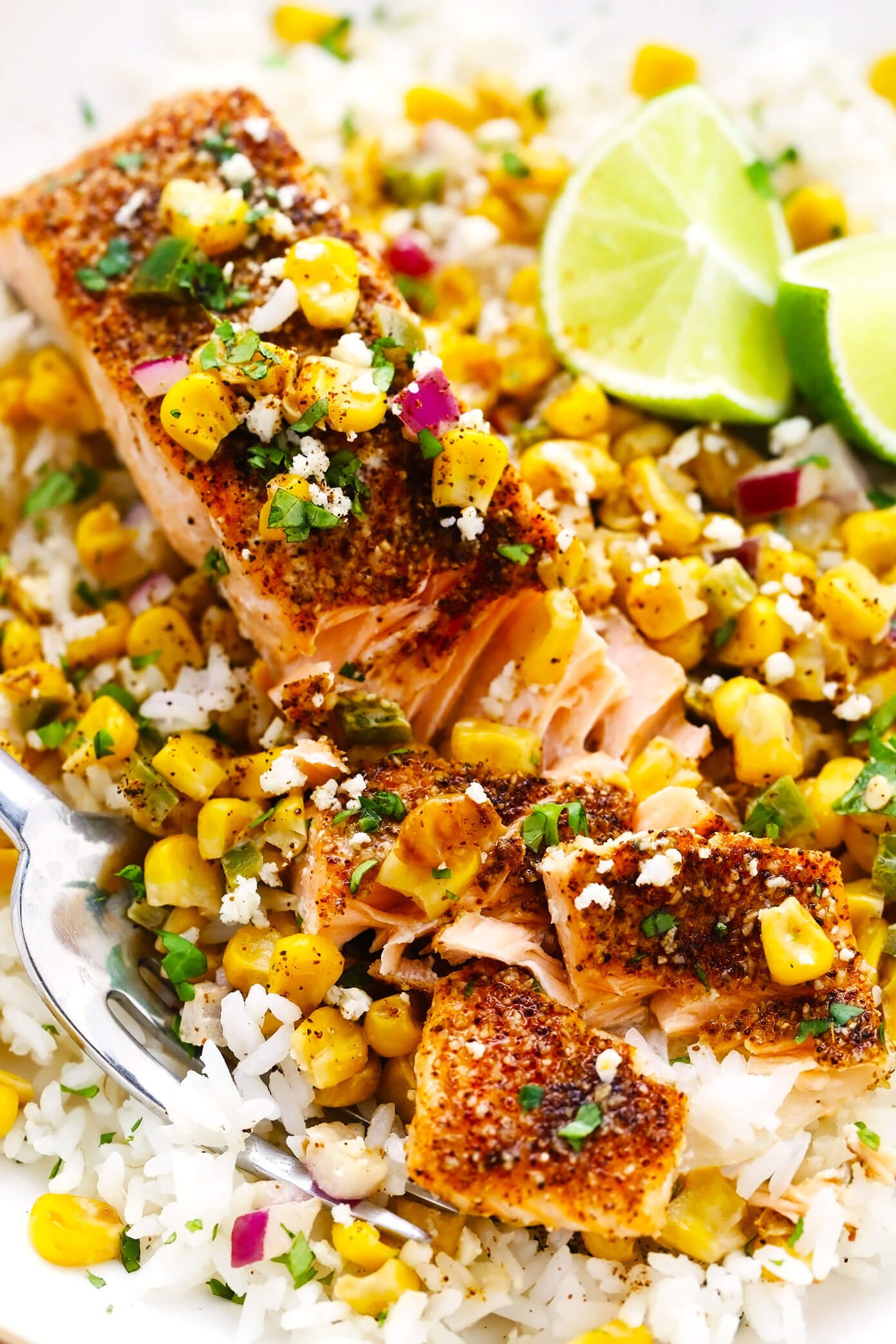 Chili Lime Salmon with Esquites Closeup