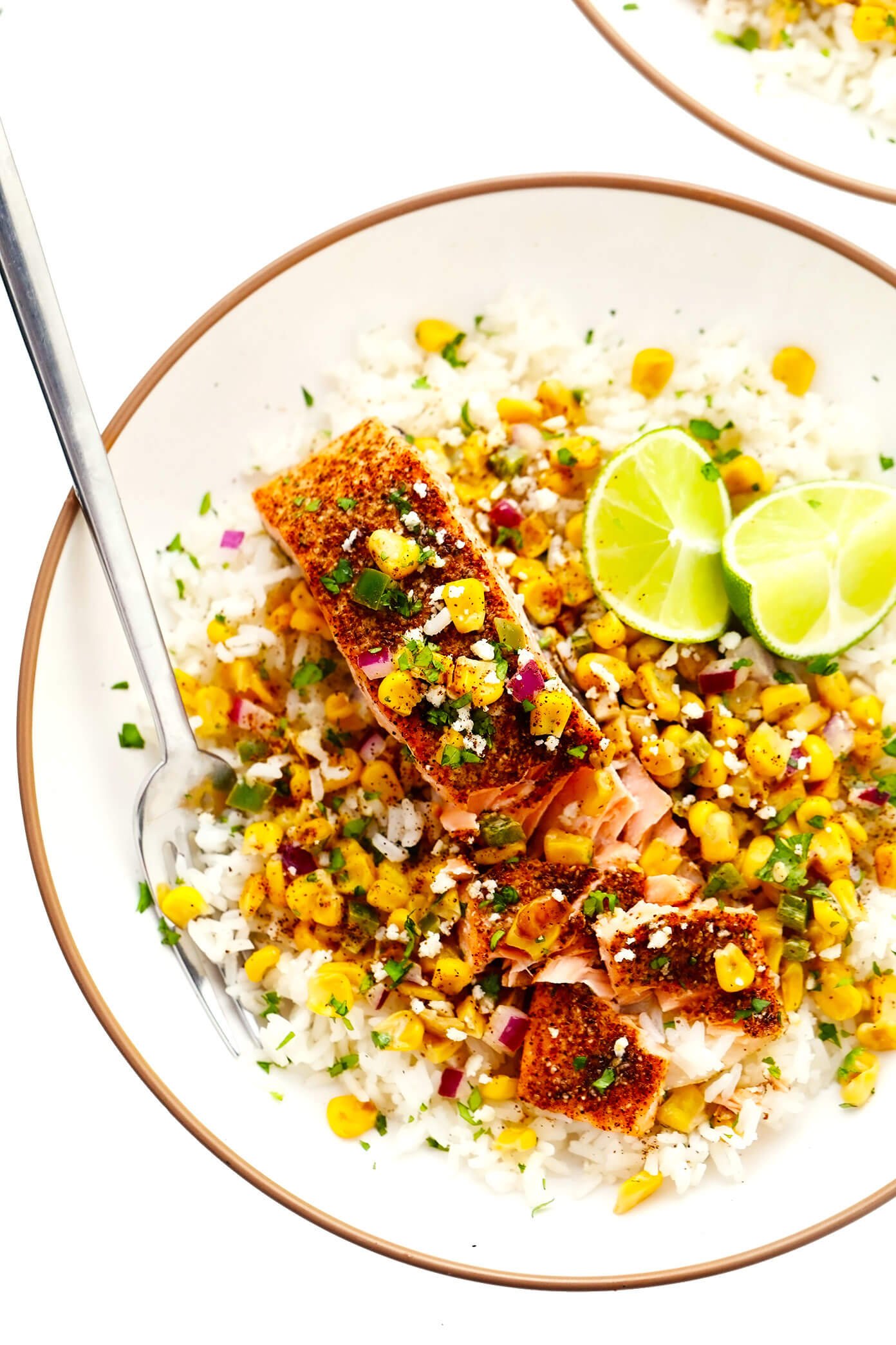 Chili Lime Salmon with Esquites and Rice in Bowl