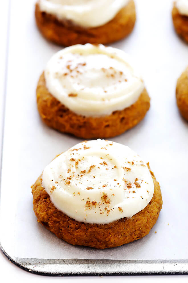 My favorite pumpkin cookie recipe! These soft and delicious pumpkin cookies are iced with a heavenly cream cheese frosting, and are the perfect treat for fall dessert baking. So delicious! | gimmesomeoven.com