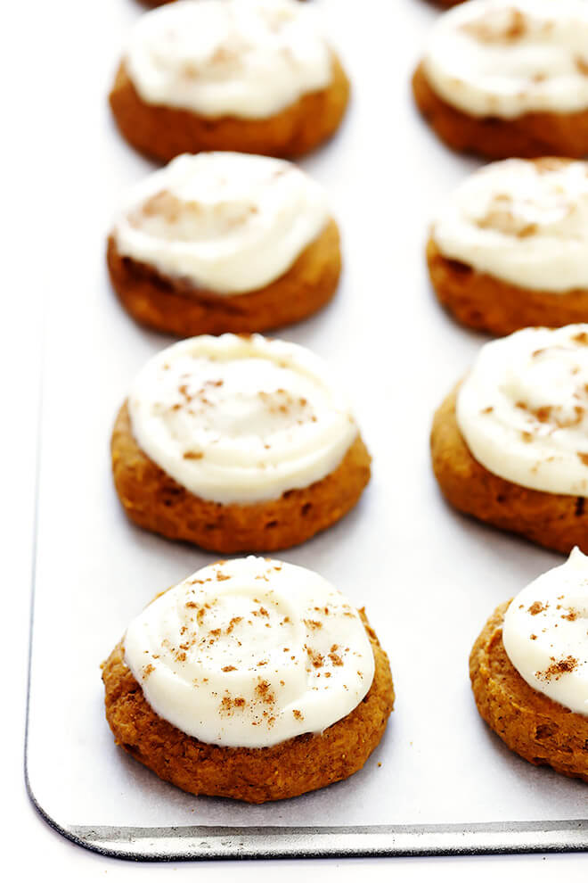 My favorite pumpkin cookie recipe! These soft and delicious pumpkin cookies are iced with a heavenly cream cheese frosting, and are the perfect treat for fall dessert baking. So delicious! | gimmesomeoven.com