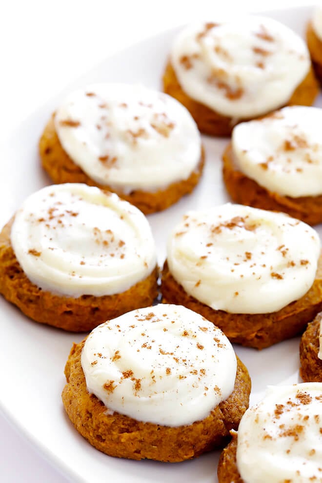 My favorite pumpkin cookie recipe! These soft and delicious pumpkin cookies are iced with a heavenly cream cheese frosting, and are the perfect treat for fall dessert baking. So delicious! | gimmesomeoven.com