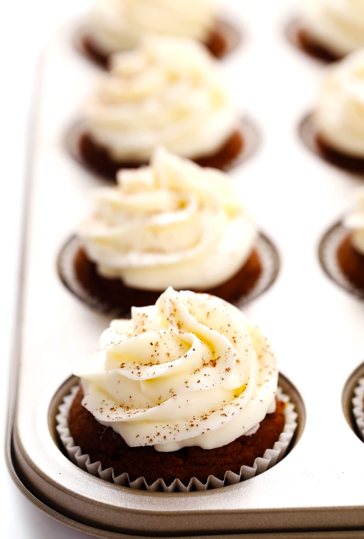 Pumpkin Cupcakes with Cream Cheese Frosting in Pan