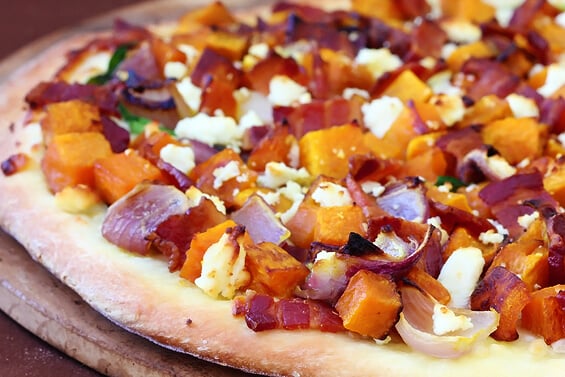 butternut, bacon, spinach and feta pizza