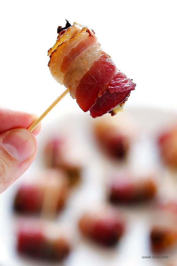 3-Ingredient Bacon-Wrapped Dates -- easy to make, stuffed with blue cheese, and always a crowd favorite! | gimmesomeoven.com