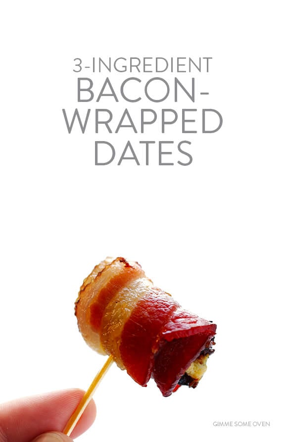 3-Ingredient Bacon-Wrapped Dates -- easy to make, stuffed with blue cheese, and always a crowd favorite! | gimmesomeoven.com