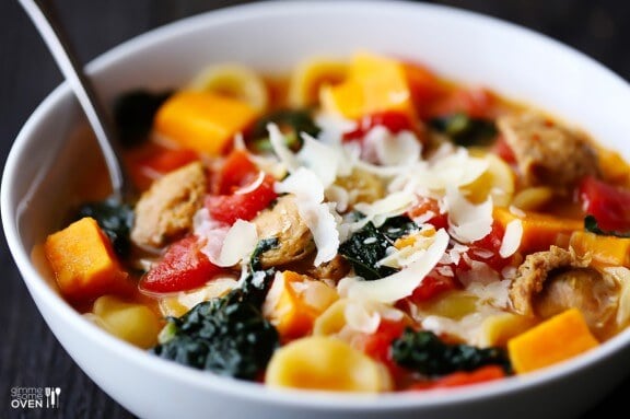 Sweet Potato, Sausage & Kale Soup | gimmesomeoven.com