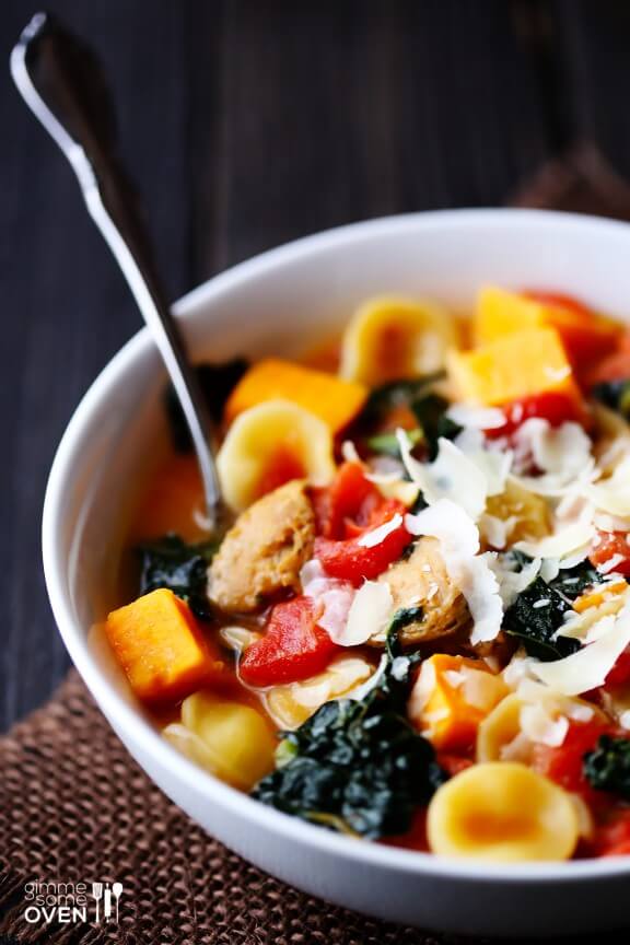 Sweet Potato, Sausage & Kale Soup | gimmesomeoven.com