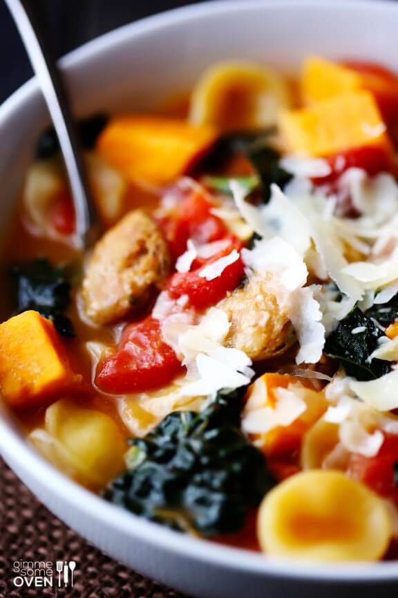 Sweet Potato, Sausage & Kale Soup | gimmesomeoven.com