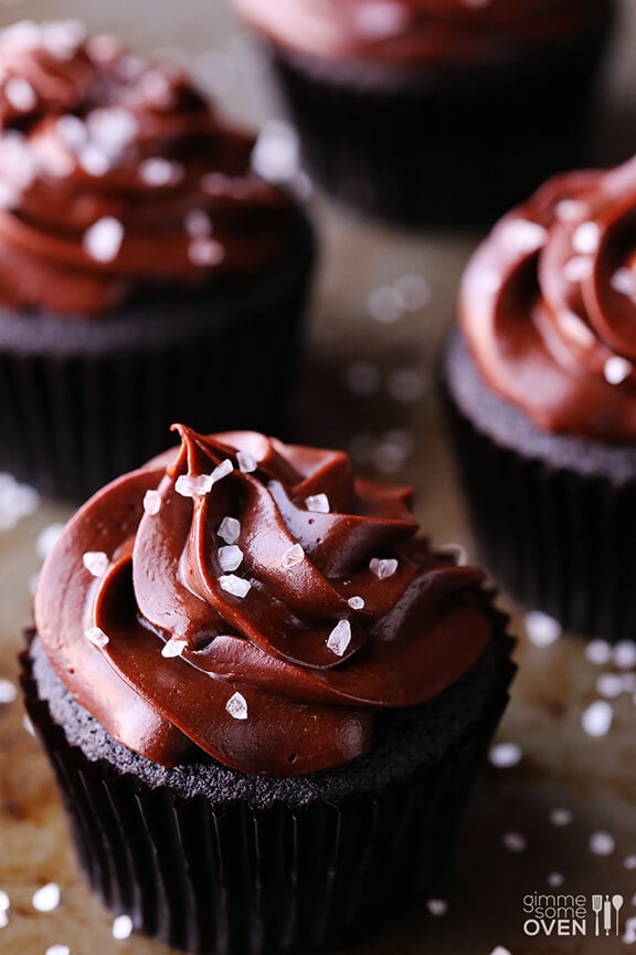 Salted Dark Chocolate Cupcakes | gimmesomeoven.com