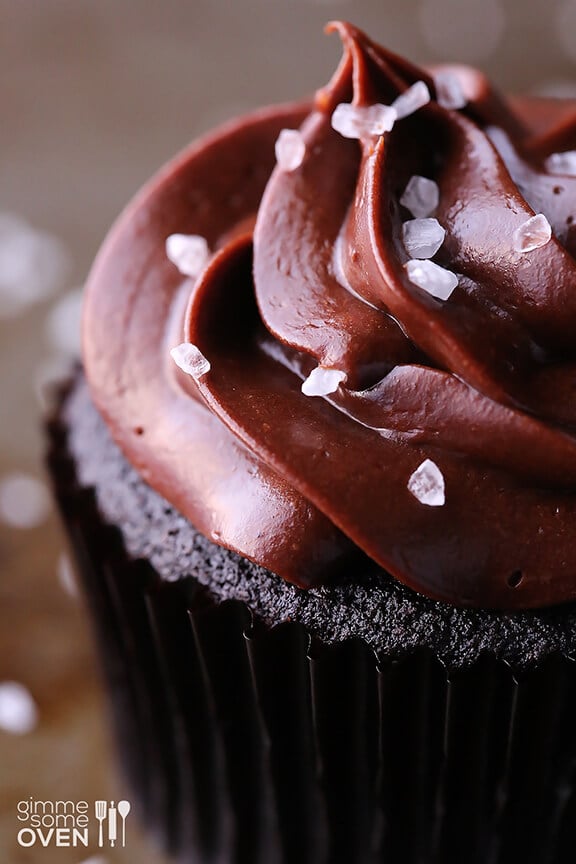 Salted Dark Chocolate Cupcakes | gimmesomeoven.com