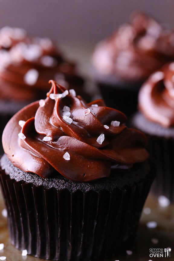 Salted Dark Chocolate Cupcakes | gimmesomeoven.com