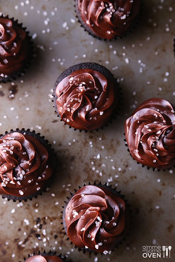 Salted Dark Chocolate Cupcakes | gimmesomeoven.com