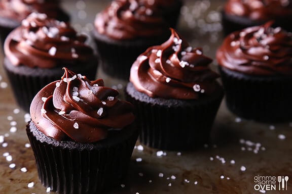 Salted Dark Chocolate Cupcakes | gimmesomeoven.com