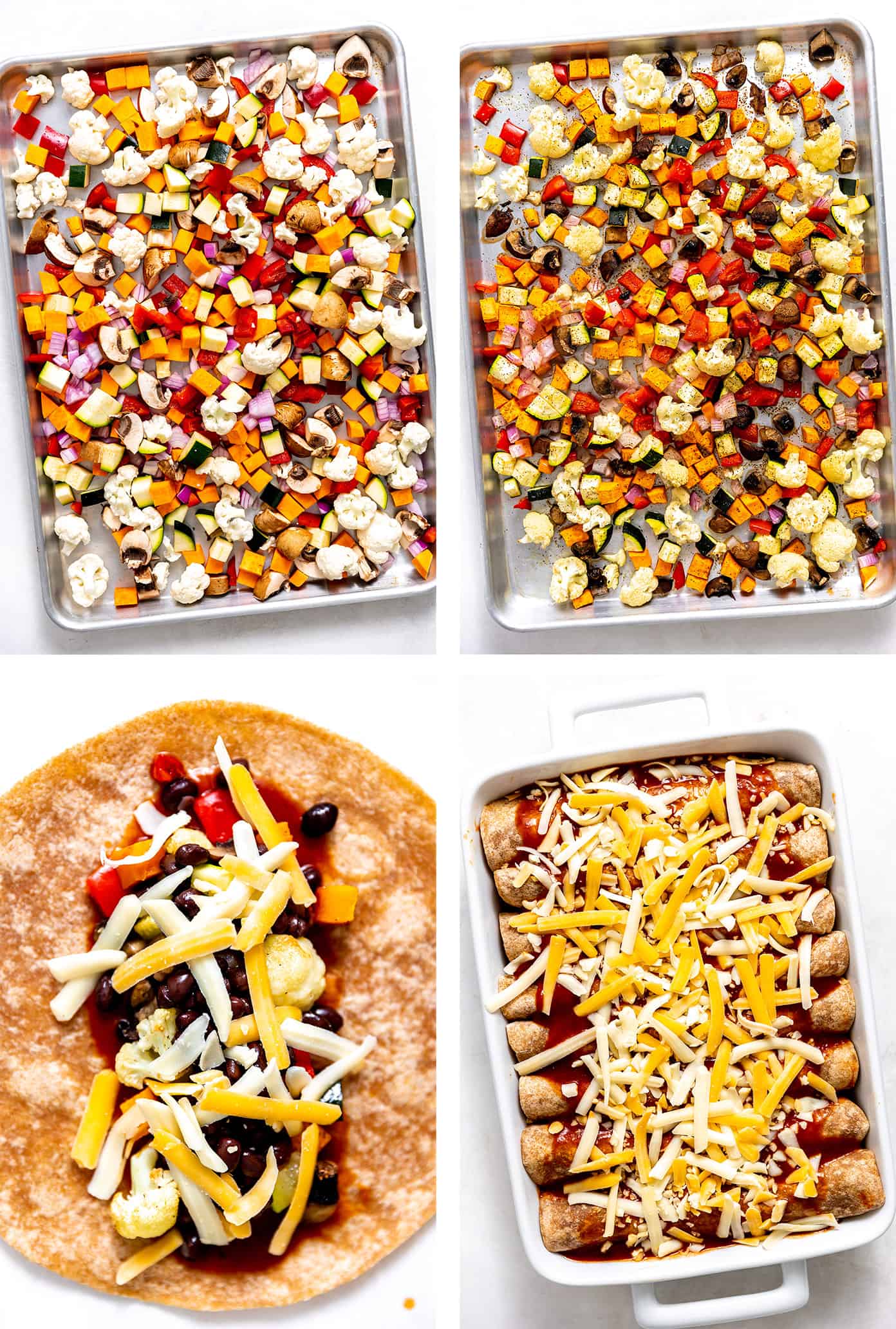 Fotos passo a passo mostrando como fazer enchiladas vegetarianas assadas