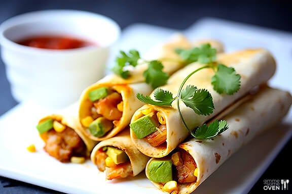 Shrimp, Avocado and Roasted Corn Baked Taquitos | gimmesomeoven.com