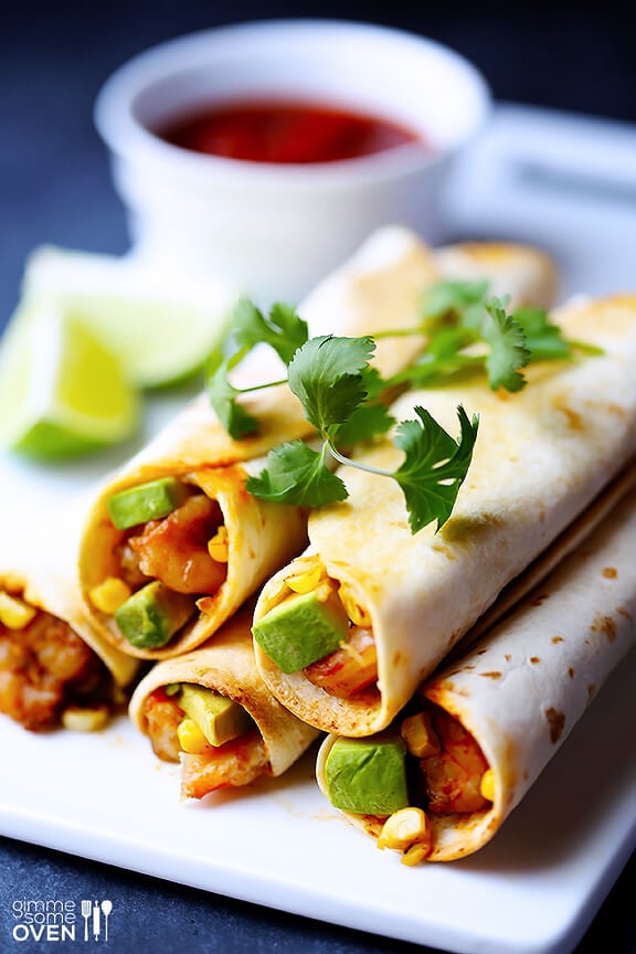 Shrimp, Avocado and Roasted Corn Baked Taquitos | gimmesomeoven.com