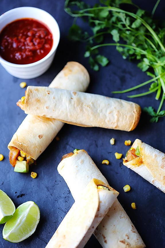 Shrimp, Avocado and Roasted Corn Baked Taquitos | gimmesomeoven.com