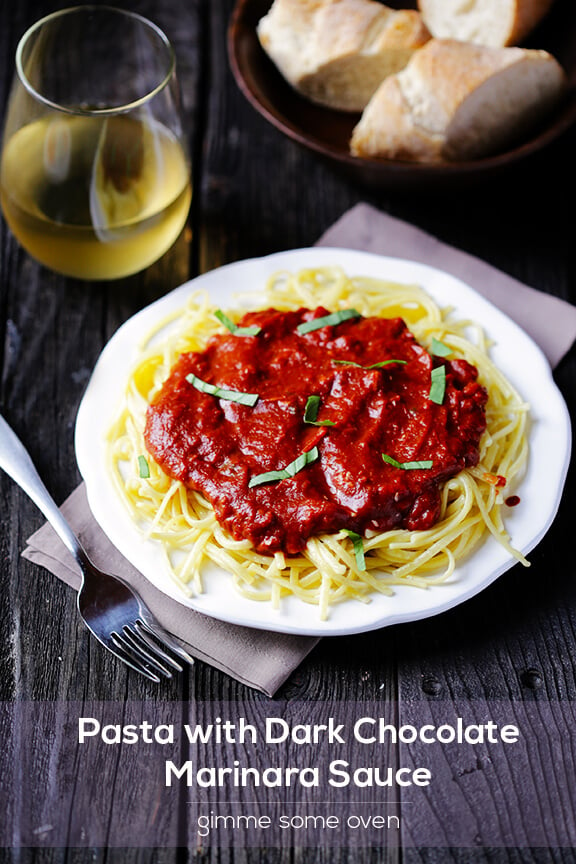 Pasta with Dark Chocolate Marinara Sauce | gimmesomeoven.com