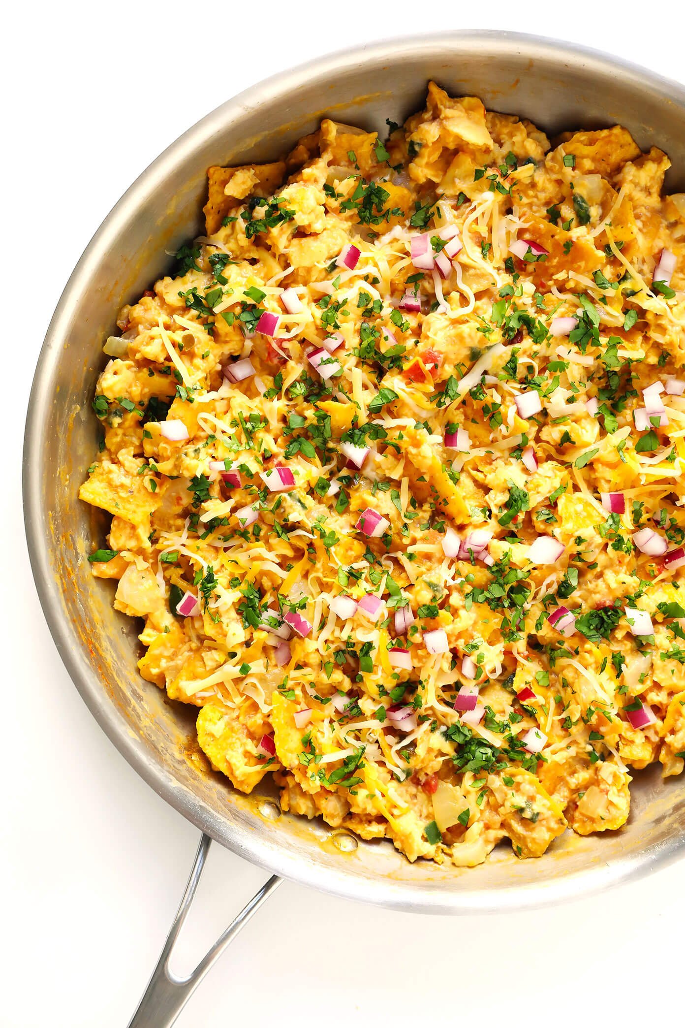 Migas Ingredients -- eggs, tortilla chips, salsa, and all of your favorite toppings