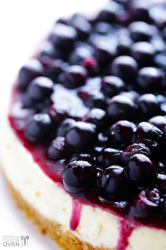 Lighter Blueberry Cheesecake Recipe | gimmesomeoven.com #dessert #cheesecake #recipe