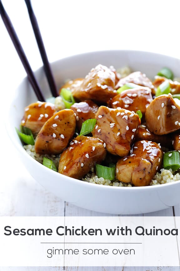 Lighter Sesame Chicken with Quinoa | gimmesomeoven.com