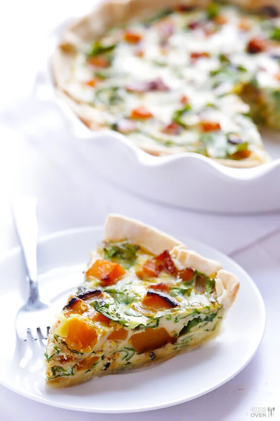 Butternut Squash, Arugula and Bacon Quiche Recipe | gimmesomeoven.com