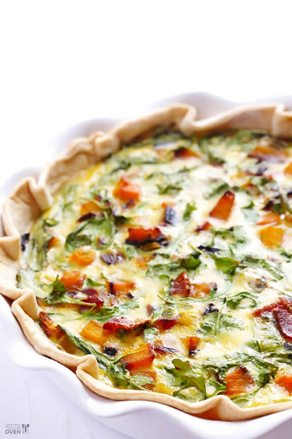 Butternut Squash, Arugula and Bacon Quiche Recipe | gimmesomeoven.com