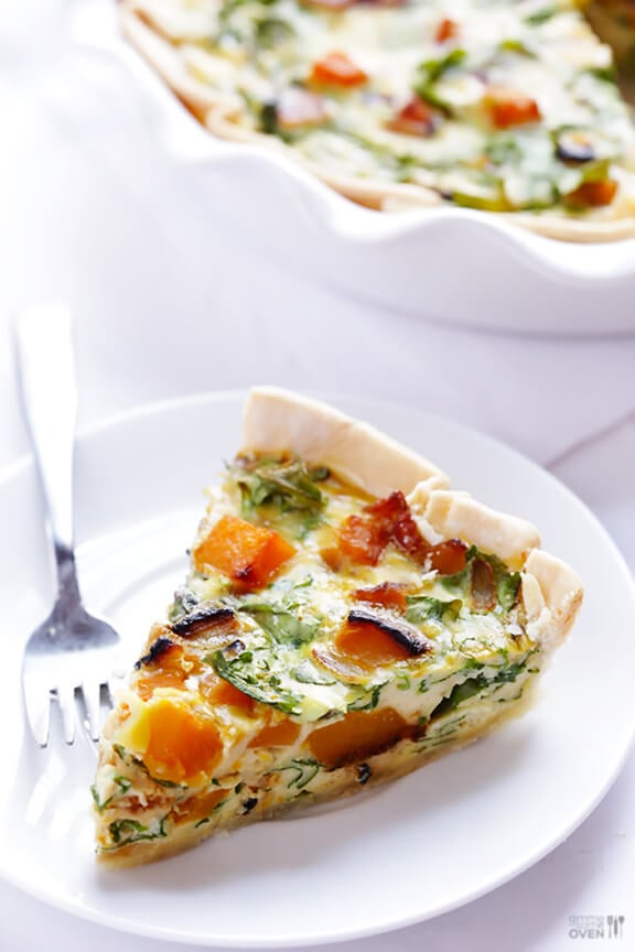 Butternut Squash, Arugula and Bacon Quiche Recipe | gimmesomeoven.com