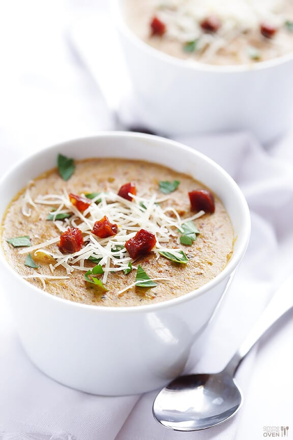 Creamy Chorizo and Brussels Sprouts Soup | gimmesomeoven.com