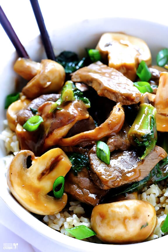 Ginger Beef, Mushroom & Kale Stir Fry | gimmesomeoven.com