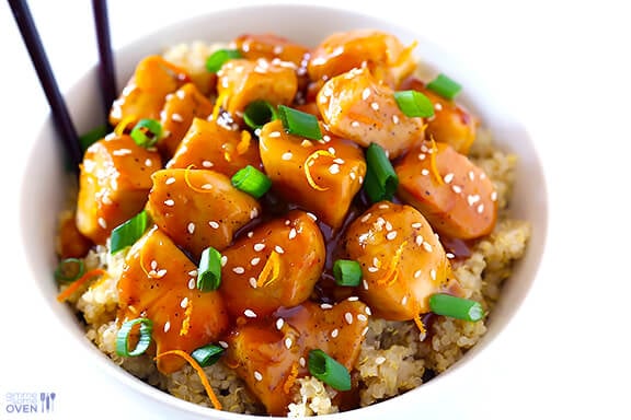 Skinny Orange Chicken Recipe | gimmesomeoven.com #newyears #chicken #recipe