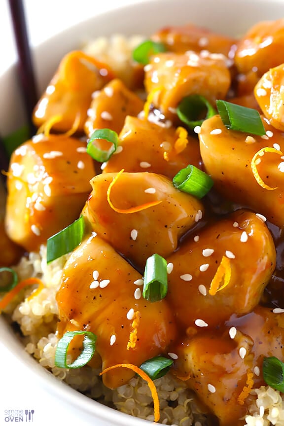 Skinny Orange Chicken Recipe | gimmesomeoven.com #newyears #chicken #recipe
