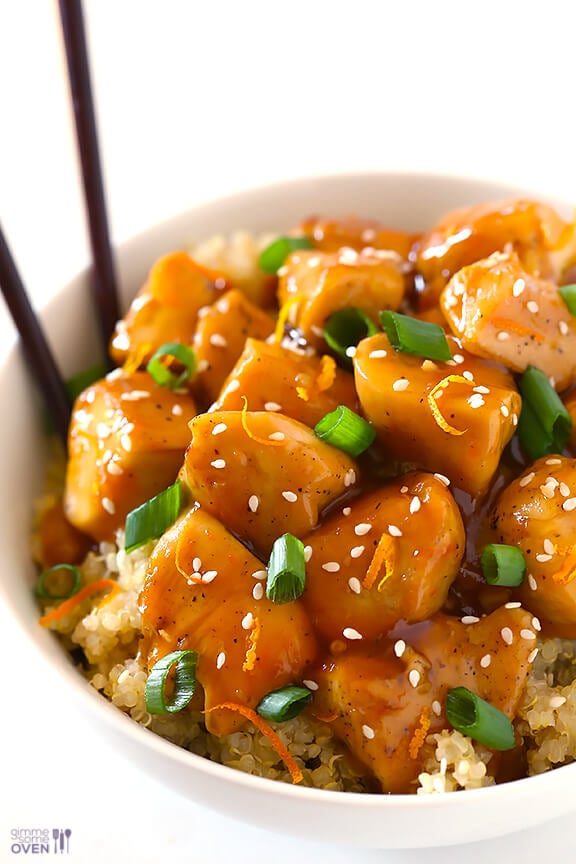 Skinny Orange Chicken Recipe | gimmesomeoven.com #newyears #chicken #recipe