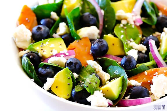 Brain Power Salad (Spinach Salad with Salmon, Avocado and Blueberries) | gimmesomeoven.com
