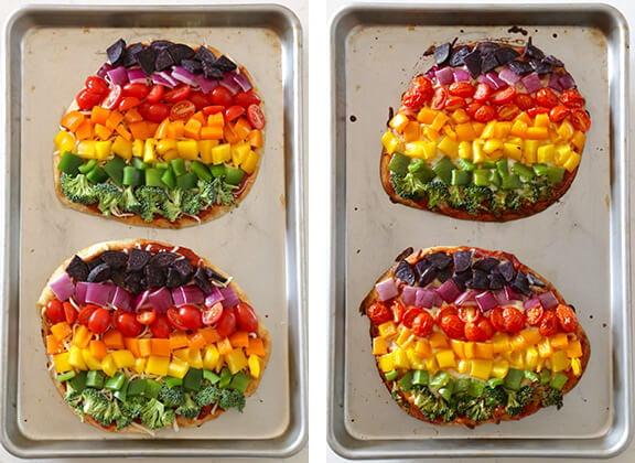 Rainbow Veggie Flatbread Pizza - quick, healthier, and SO tasty! | gimmesomeoven.com