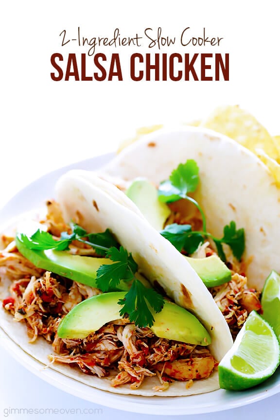 2-Ingredient Slow Cooker Salsa Chicken | gimmesomeoven.com