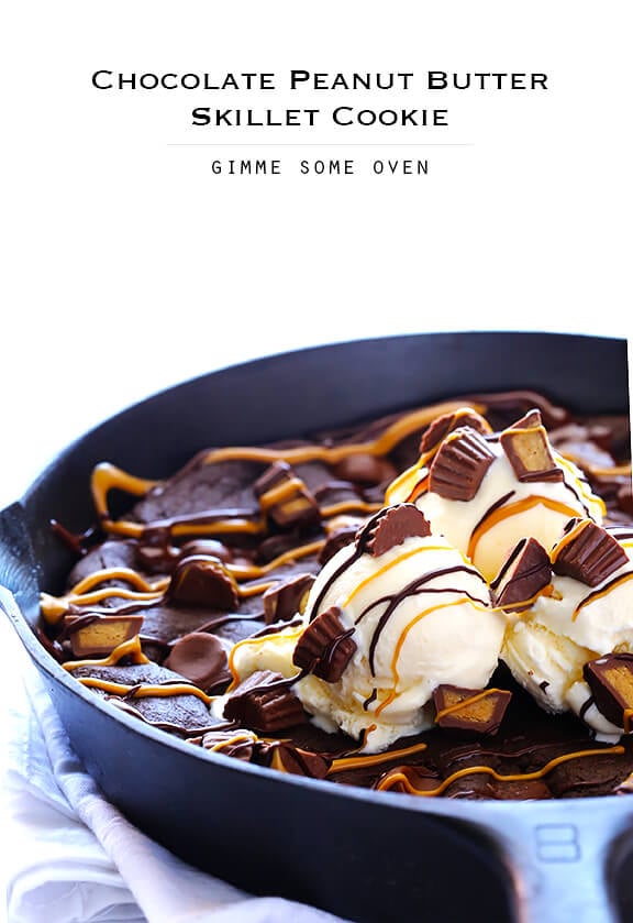 Chocolate Peanut Butter Skillet Cookie | gimmesomeoven.com #dessert